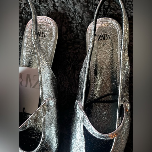 NWT Zara Silver Metallic Effect Slingback Ballet Flats Mules Slides Women 38 7.5 - Picture 10 of 14